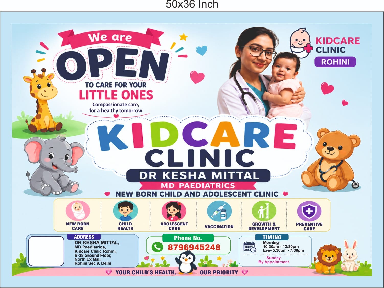 KIDCARE CLINIC - Dr. Kesha Mittal (MD Pediatrics) poster with Dr. Kesha Mittal, services, phone number and timings